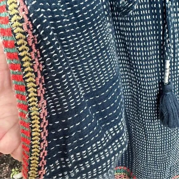 ANTHRO blue romper off the shoulder with embroidery red pompoms sz Large - Picture 9 of 13